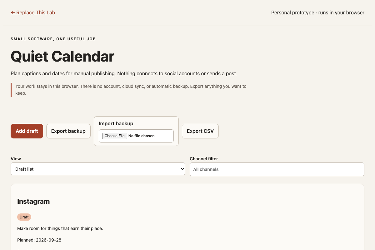 Quiet Calendar working example